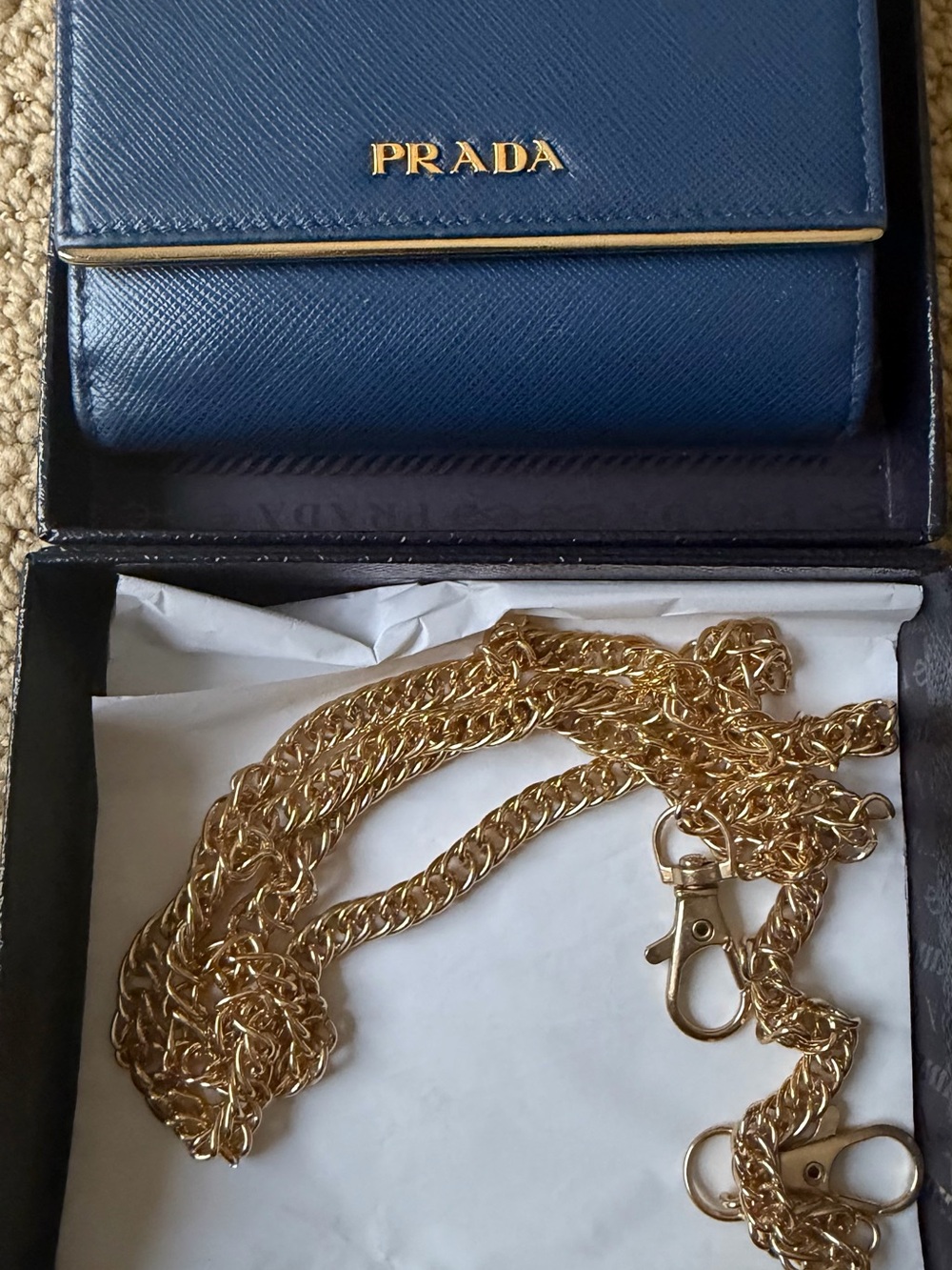 Prada Bluette Saffiano Metal Card Holder with Gold-Tone Accents